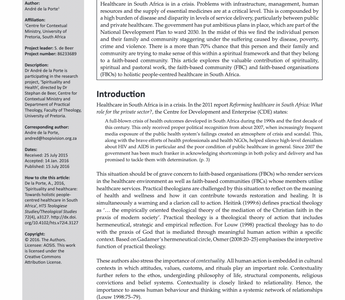 De la Porte, A., 2016, ‘Spirituality and healthcare: Towards holistic people-centred healthcare in South Africa’, HTS Teologiese Studies/Theological Studies 72(4), 1–9