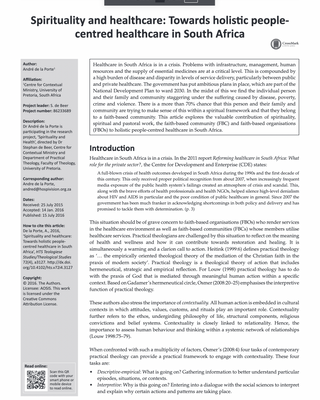 De la Porte, A., 2016, ‘Spirituality and healthcare: Towards holistic people-centred healthcare in South Africa’, HTS Teologiese Studies/Theological Studies 72(4), 1–9