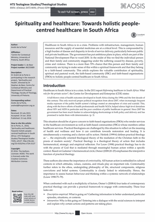 De la Porte, A., 2016, ‘Spirituality and healthcare: Towards holistic people-centred healthcare in South Africa’, HTS Teologiese Studies/Theological Studies 72(4), 1–9