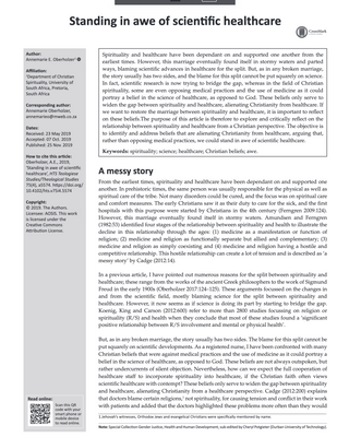 Oberholzer, A.E. 2019. Standing in awe of scientific healthcare, HTS Teologiese Studies/Theological Studies, 75(4), 7 pages. https://doi.org/10.4102/hts.v75i4.5574 