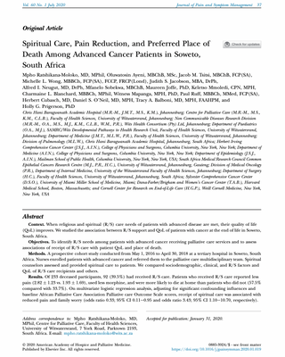 Spiritual Care, Pain Reduction, and Preferred Place of Death Among Advanced Cancer Patients in Soweto, South Africa