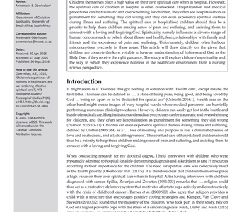 Children’s experience of holiness in health care. Are we rendering effective spiritual care