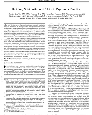 Religion, Spirituality, and Ethics in Psychiatric Practice