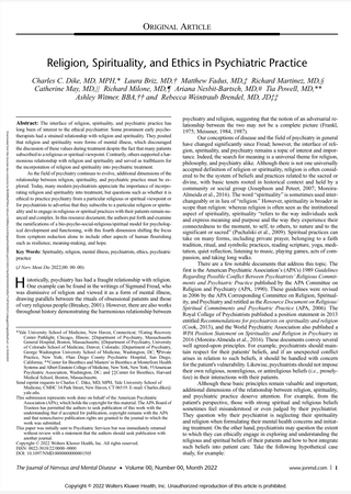 Religion, Spirituality, and Ethics in Psychiatric Practice