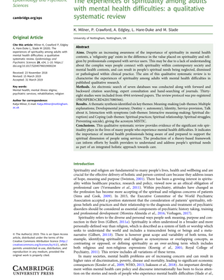 The experiences of spirituality among adults with mental health difficulties: a qualitative systematic review