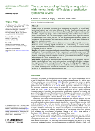 The experiences of spirituality among adults with mental health difficulties: a qualitative systematic review